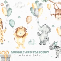 animals and balloons watercolor clipart. zebra, lion, elephants, giraffe, monkey, balloons, caps, crown, clouds, gifts