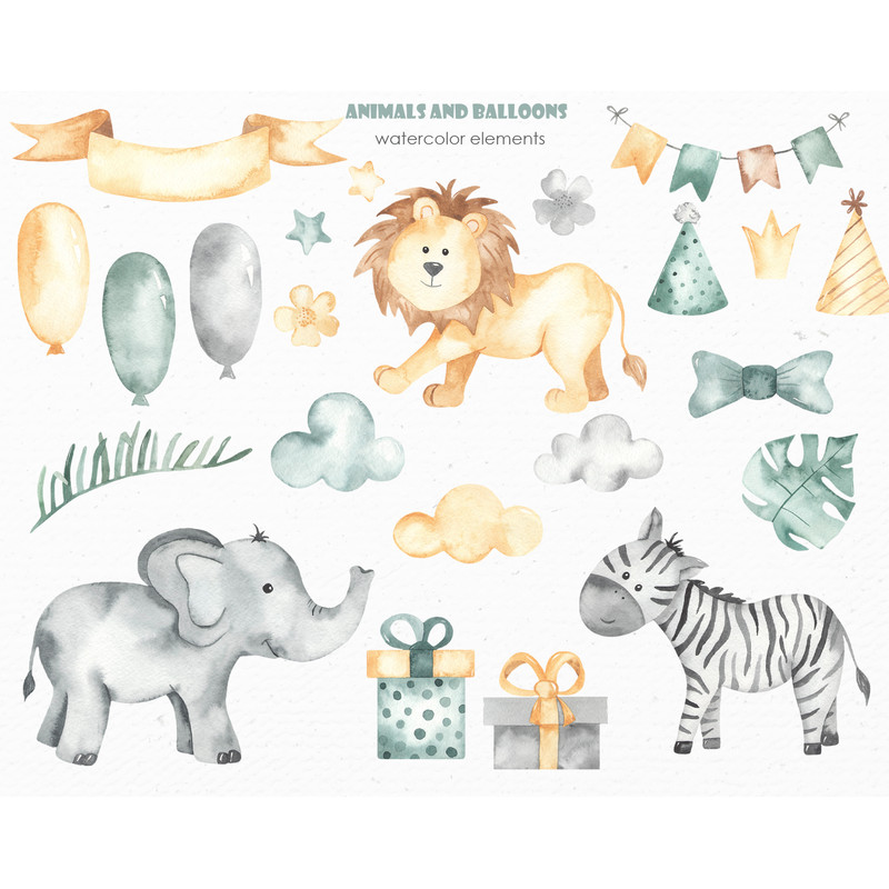 3 Animals and balloons watercolor elements.jpg