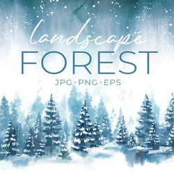 Forest Watercolor Winter Landscapes Digital Clipart.  Painted Forest Tree Snowfall Landscapes set