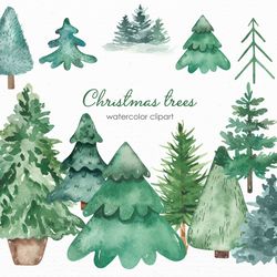 Christmas trees watercolor clipart with different fir trees, pine trees, gifts, Christmas decorations.