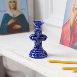 Cross Shape Ceramic Candlestick - Cross Blue Design Ceramic Candlestick | Height: 7.5 cm (3 inches) | Made in Russia