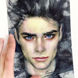 Original watercolor painting Handsome man with blue eyes Wall art Male painting