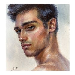 Original watercolor painting Handsome man Sexy Wall art Male painting