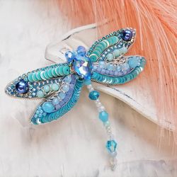 dragonfly brooch, blue brooch, insect brooch, insect jewelry, beaded brooch
