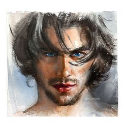 Original watercolor painting Handsome man with blue eyes Sexy Wall art Male painting