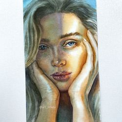 Original watercolor painting Sunny art Wall art decor Female portrait painting