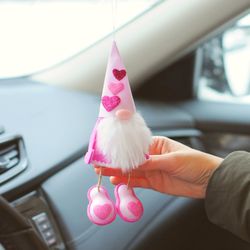 Valentines day pink gnome. Car mirror decor. Love cute gnome. Cute gnome accessories car decorations. Gnome ornament