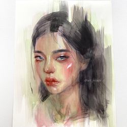Original watercolor painting Asian beautiful girl Wall art decor Female painting