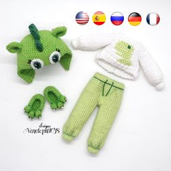 Crochet Clothes for Doll in dinosaur pajamas, crochet clothing for doll, amigurumi crochet pdf tutorial, crochet clothes