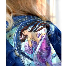 Denim jacket women, hand painted girl jacket, fabric painted clothes, wearable art vintage, Alphonse Mucha art clothes