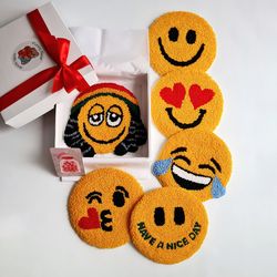 Gift for best friend. Smiley face coaster set of 6. Best birthday gift for emoji lovers. Fun home office decor idea