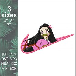 nike nezuko embroidery design, swoosh logo kamado demon slayer designs, 3 sizes, instant download