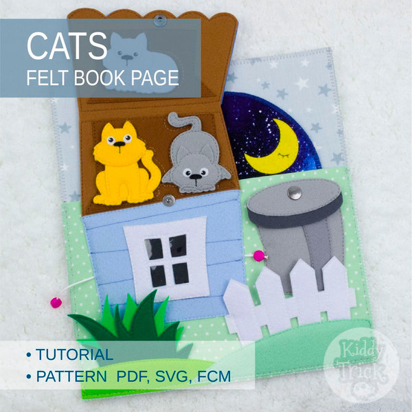 felt busy book page with 3 hiding cats