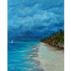 Coastal Painting Beach Oil Painting Original Art 10 by 8 Storm Clouds Wall Art Seascape Painting Sailboat Artwork