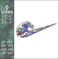 nike wave embroidery design, water aqua swoosh, 6 sizes