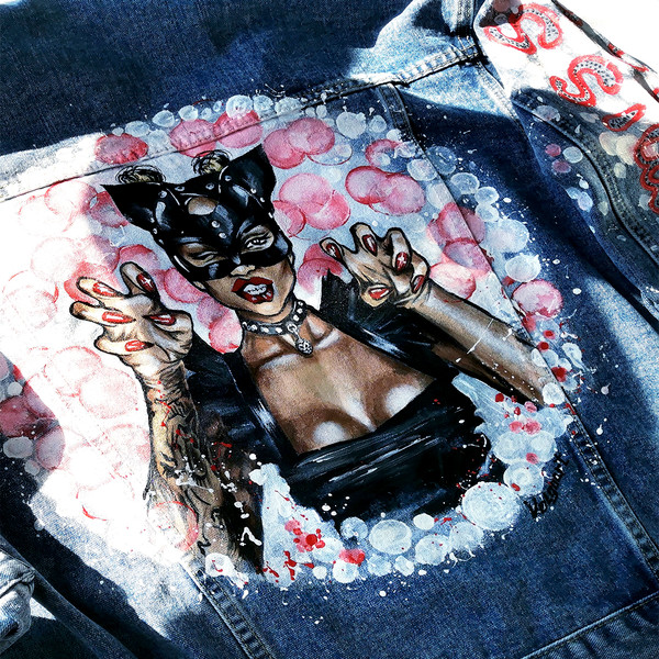 Painted women Denim jacket-hand painted jeans jacket-unique Designer Cat-woman art-custom clothing-personalized pattern8.jpg