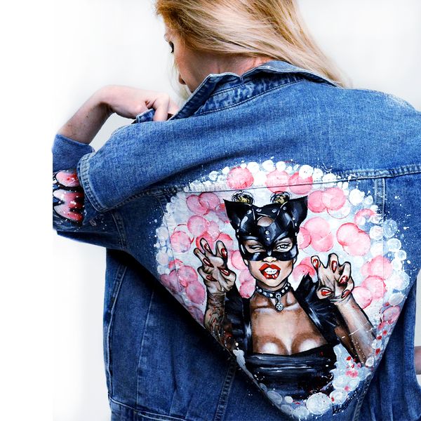 Painted women Denim jacket-hand painted jeans jacket-unique Designer Cat-woman art-custom clothing-personalized pattern13.jpg