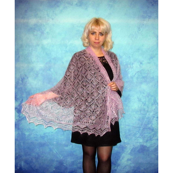 Pink-lilac wool scarf, Hand knit wrap, Lace wedding shawl, Warm bridal cape, Goat down cover up, Russian Orenburg shawl, Stole, Kerchief, Gift for a woman 3.JPG