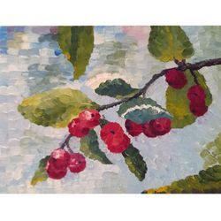 Cherry Painting Berry Original Art Fruit Artwork Small Oil Painting 7x9,5" by Svetlana