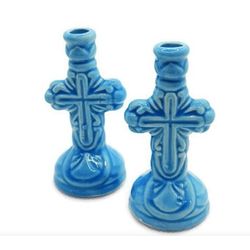 Set of Two (2) Ceramic Stoneware Candlestick Candleholders | Design Cross | (Height: 3,4''/ 8,5 cm) | Made in Russia