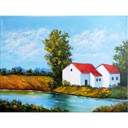 Tuscany Painting Lake House Original Art 12 by 16 Country Landscape Canvas Oil Painting