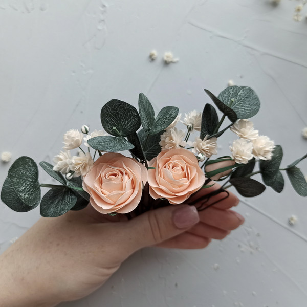 Bridal-peach-rose-hair-clip-Deep-forest-green-wedding-eucalyptus-hair-pins-Bridesmaid-rustic-headpiece-25a.jpg