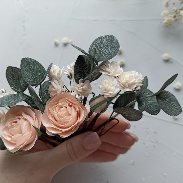 Bridal-peach-rose-hair-clip-Deep-forest-green-wedding-eucalyptus-hair-pins-Bridesmaid-rustic-headpiece-25c.jpg