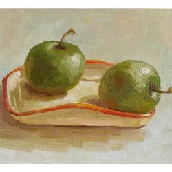 Green Apple Painting Fruit Original Art Small Oil Painting Apple Still Life 7x9,5" by Svetlana