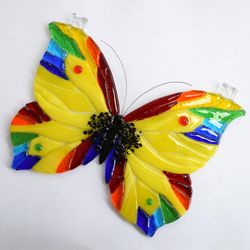 Glass yellow and rainbow butterfly decoration for window or garden - Fused glass sun catcher