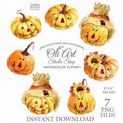 Autumn scarecrow Gnome Clip Art. Fall. Pumpkins, Hand Drawn graphics. Digital Download. OliArtStudioShop
