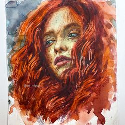 Original watercolor painting Red painting Red haired girl Wall art decor  Female portrait painting