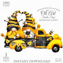 Bee Truck, Gnome Clipart. Summer. Hand Drawn Graphics, Instant Download. Digital Download. OliArtStudioShop