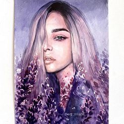 Original watercolor painting Purple beautiful Purple flowers girl Wall art decor Female painting