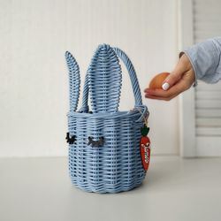 Easter rabbit basket boy. Wicker easter basket personalize girl. Blue bunny basket for eggs. Primitive easter decor