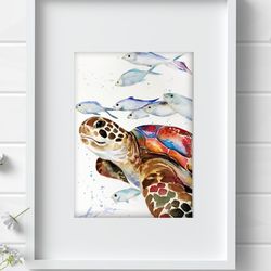 Sea Turtle Watercolor Wall Decor  5.3" 7.9" art painting by Anne Gorywine