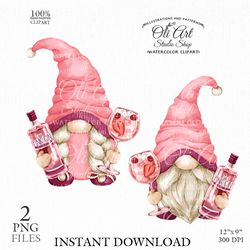 Pink gin and Gnome Clip Art. Drinking Gnome. Cute Characters, Hand Drawn graphics. Digital Download. OliArtStudioShop