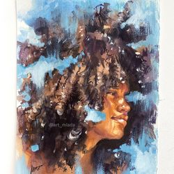 African american girl Blue sky Original watercolor painting Wall art decor Female painting