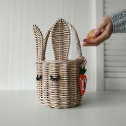 Personalize wicker easter basket boy. Easter bunny basket for eggs. Woven rabbit basket girl. Primitive easter decor