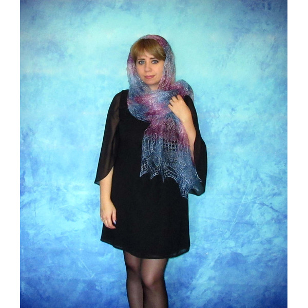 Hand knit blue-purple scarf, Handmade Russian Orenburg shawl, Warm cover up, Goat wool wrap, Lace pashmina, Downy kerchief, Stole, Cape, Gift for a woman 5.JPG