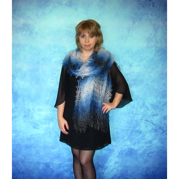 Hand knit blue scarf, Handmade Russian Orenburg shawl, Warm cover up, Goat wool wrap, Lace pashmina, Downy kerchief, Stole, Tippet, Cape, Gift for a woman 4.JPG