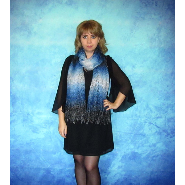 Hand knit blue scarf, Handmade Russian Orenburg shawl, Warm cover up, Goat wool wrap, Lace pashmina, Downy kerchief, Stole, Tippet, Cape, Gift for a woman 5.JPG
