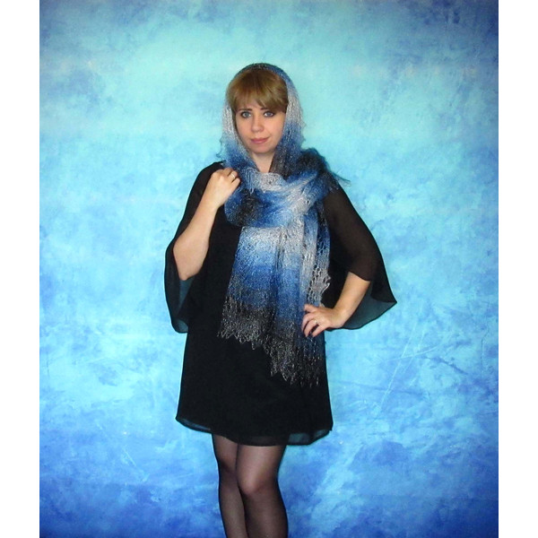 Hand knit blue scarf, Handmade Russian Orenburg shawl, Warm cover up, Goat wool wrap, Lace pashmina, Downy kerchief, Stole, Tippet, Cape, Gift for a woman 6.JPG