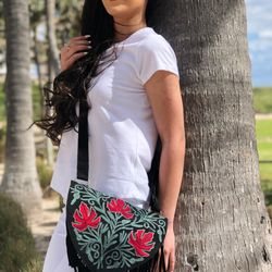 handcrafted fringed suede embroidered heart shaped bag