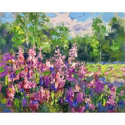 Meadow Oil Painting Nature Original Art Landscape Artwork Wildflower Impressionism Wall Art Trees Flowers