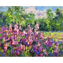meadow oil painting nature original art landscape artwork wildflower impressionism wall art trees flowers