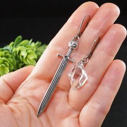 Silver Sword Earrings Swarovski Clear Crystal Earrings Dagger Knife Blade Asymmetric Mismatched Earrings Jewelry 7966