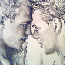 Original art, gay art interest, sexy beauty boys in love, 2 heads portrait, watercolour.