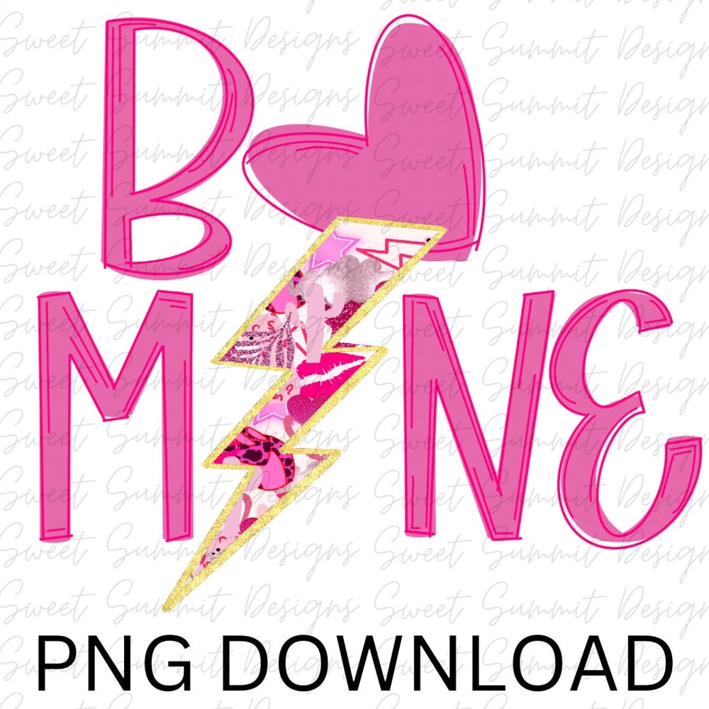 Be Mine Happy Valentines Day PNG Download, Pink heart Pink Lightning bolt Valentines Digital Download.jpg