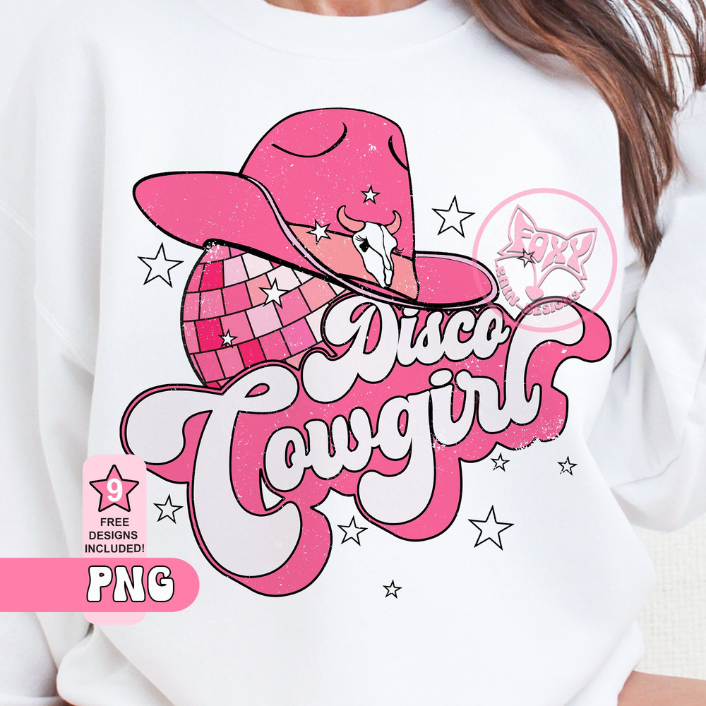 Disco Cowgirl Pink Western Cowgirl Hat Trending PNG Sublimation Designs, Womens Tshirts Bestsellers, Popular Best Seller PNG, Disco Ball.jpg