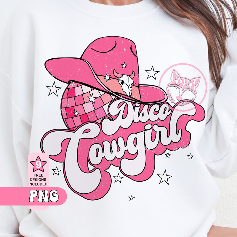 Disco Cowgirl Pink Western Cowgirl Hat Trending PNG Sublimation Designs, Womens Tshirts Bestsellers, Popular Best Seller PNG, Disco Ball.jpg